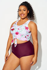 Wine Red Floral Print Knotted Crop Bikini Top