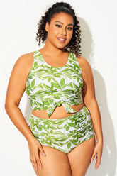 Plus Size Tropical Green Knotted Crop Bikini Top
