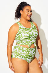 Plus Size Tropical Green Knotted Crop Bikini Top