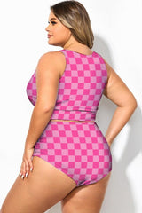 Plus Size Pink Check Knotted Crop Bikini Top