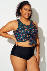 Plus Size Blue & Orange Floral Knotted Crop Bikini Top