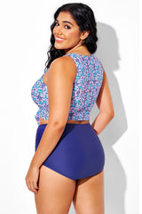 Blue And Pink Floral Print Twist Bikini Top