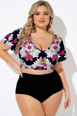 Elegant Black Printed Billowy Sleeves Bikini Top