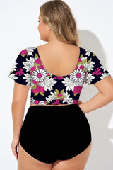 Elegant Black Printed Billowy Sleeves Bikini Top