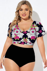 Elegant Black Printed Billowy Sleeves Bikini Top