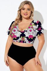Elegant Black Printed Billowy Sleeves Bikini Top