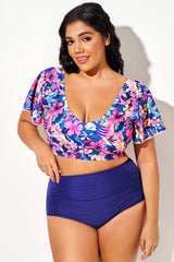 Colorful Floral Print V-neck Flutter Sleeve Bikini Top