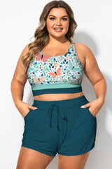 Plus Size Round Neck Mint Green Patchwork Bikini Top