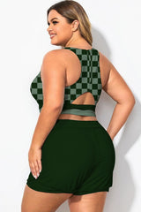 Round Neck Green Check Patchwork Bikini Top