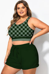 Round Neck Green Check Patchwork Bikini Top