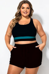 Plus Size Round Neck Lake Green Patchwork Bikini Top