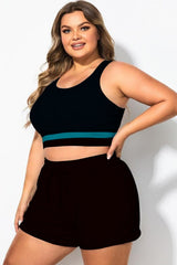Plus Size Round Neck Lake Green Patchwork Bikini Top