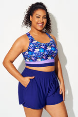 Plus Size Round Neck Purple Floral Patchwork Bikini Top
