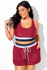 Plus Size Round Neck Dark Red Patchwork Bikini Top