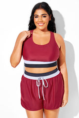 Plus Size Round Neck Dark Red Patchwork Bikini Top