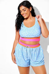 Blue Floral Round Neck Patchwork Bikini Top