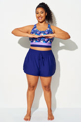 Plus Size Dark Blue Patchwork Mid Waist Women Shorts