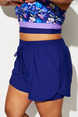 Plus Size Dark Blue Patchwork Mid Waist Women Shorts
