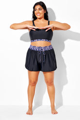 Plus Size Floral Colorblock Lace Up Shorts