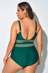 V-Neck Green Squares Cut Out One Piece Swimsuit