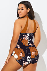 Caramel Brown H-Back Sarong Front One Piece Swimsuit