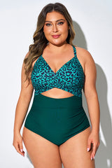 Green Leopard Crossover Tank Cutout One Piece Swimsuit