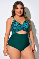 Green Leopard Crossover Tank Cutout One Piece Swimsuit