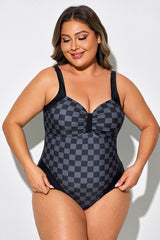 Black Squares Print V-Neck One Piece Swimsuit