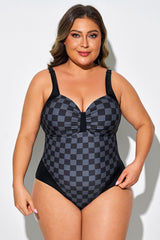 Black Squares Print V-Neck One Piece Swimsuit