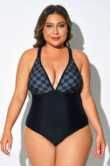 Black Check Panel Print One Piece Swimsuit