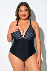 Black Check Panel Print One Piece Swimsuit