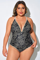 Golden Floral Deep V-Neck One Piece Swimsuit
