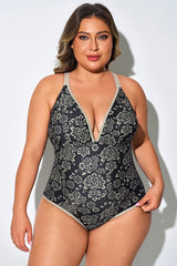 Golden Floral Deep V-Neck One Piece Swimsuit