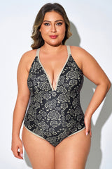Golden Floral Deep V-Neck One Piece Swimsuit