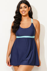 Plus Size Blue Colorblock Crossback Swimdress