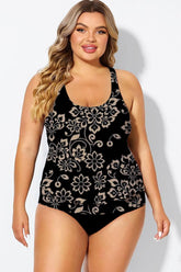 Golden Floral Print Racerback Blouson Tankini Top