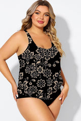Golden Floral Print Racerback Blouson Tankini Top
