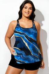 Round Neck Marbled Gold Plated Blue Print Tankini Top