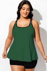 Green Square Neck Tankini Top With Black Trim