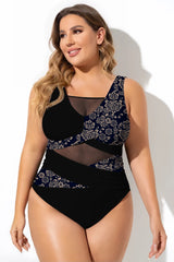 Golden Floral Print Mesh One Piece Swimsuit