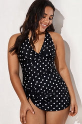 Black White Polka Dot Halter V-Neck Tummy Control Swim Dress