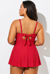 Women's Tummy Control V Neck Scalloped Tie Back Swimdress Bathing Suit