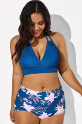 Navy V-neck Halter Tie Bikini Top
