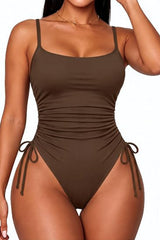 Women's Brown Square Neck Ruched One Piece Swimsuit