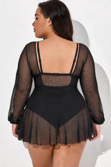 Black V-Neck Mesh Long Sleeve Tummy Control One Piece Swimsuit