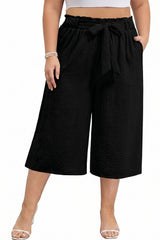 Plus Size Casual Cropped Wide Leg Pants with Bow Waist and Pockets