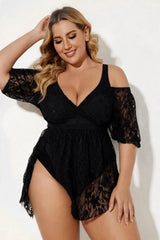 Black Lace Off Shoulder V-Neck Tummy Control One Piece Swimsuit