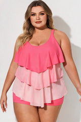 Pink Ombre Scoop Neck Ruffle Tankini Set With Swim Shorts