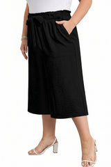 Plus Size Casual Cropped Wide Leg Pants with Bow Waist and Pockets
