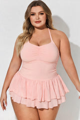 Light Pink Halter Ruched Ruffle One Piece Swimdress